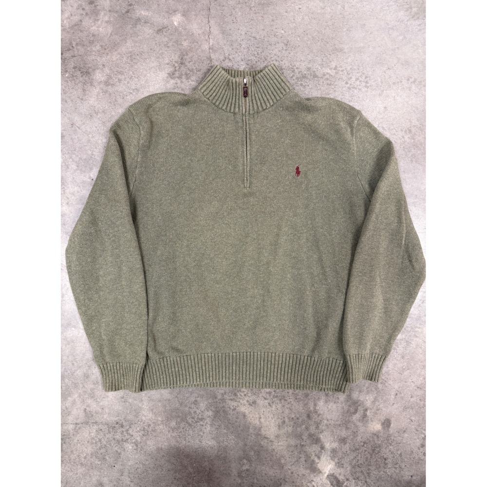 Polo Ralph Lauren Mens XL Quarter Zip Cotton Sweater Sage Green Olive Red Pony